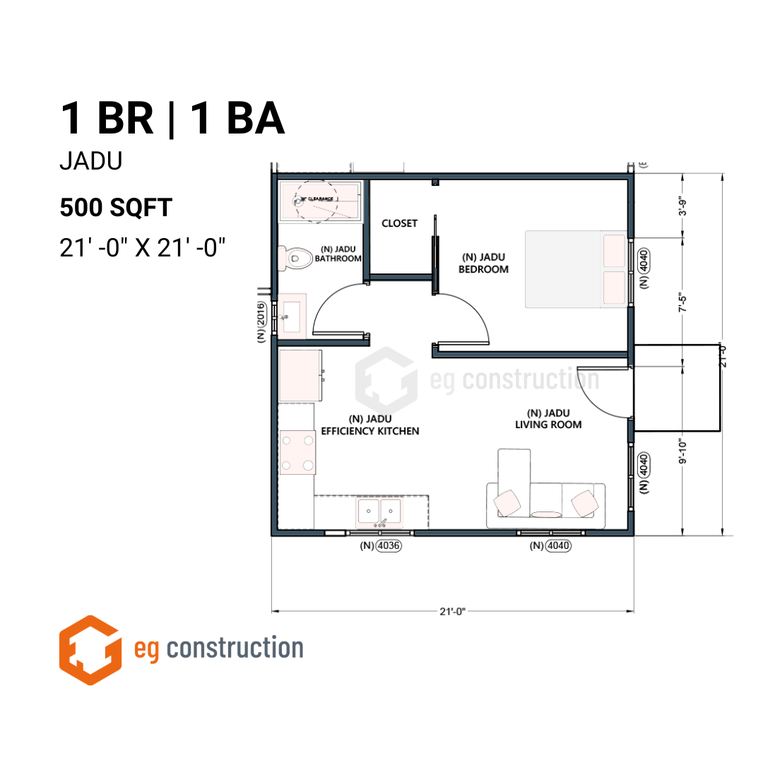 500 sqft 1BR JADU Garage Conversion Floor Plan — Eileen · Spring Valley ...